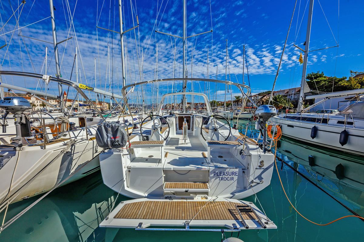 Exterior view of Pleasure, a Beneteau Oceanis 38.1 sailboat at Split, Croatia