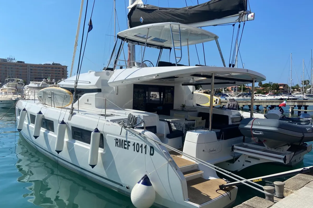 Exterior view of Coraline, a Lagoon 50 catamaran at Tonnarella, Italy