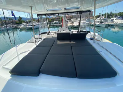 Deck of Coraline, a Lagoon 50 catamaran at Tonnarella, Italy