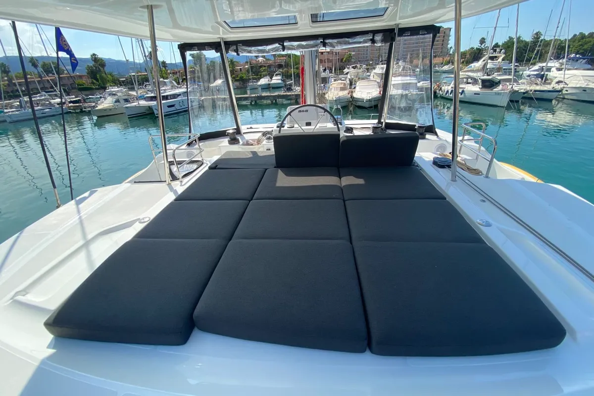 Deck of Coraline, a Lagoon 50 catamaran at Tonnarella, Italy