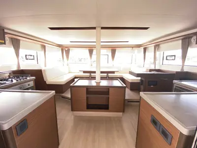 Salon of Coraline, a Lagoon 50 catamaran at Tonnarella, Italy