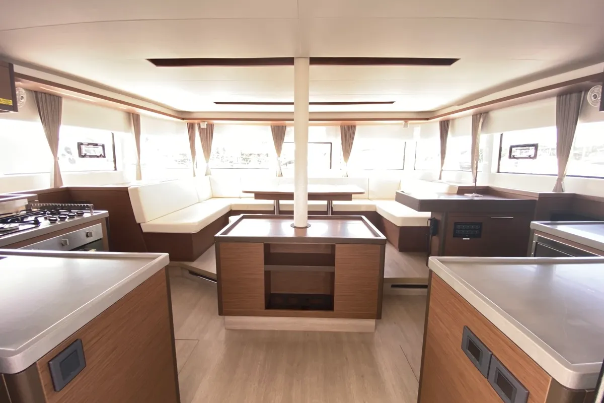 Salon of Coraline, a Lagoon 50 catamaran at Tonnarella, Italy