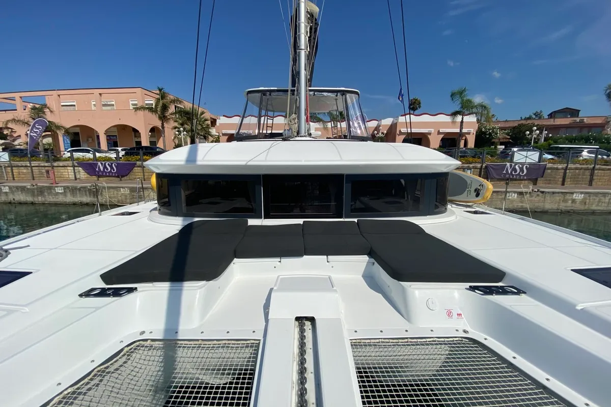 Deck of Coraline, a Lagoon 50 catamaran at Tonnarella, Italy