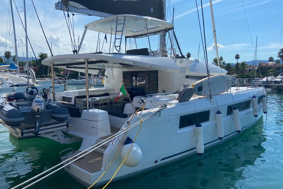 Exterior view of Coraline, a Lagoon 50 catamaran at Tonnarella, Italy