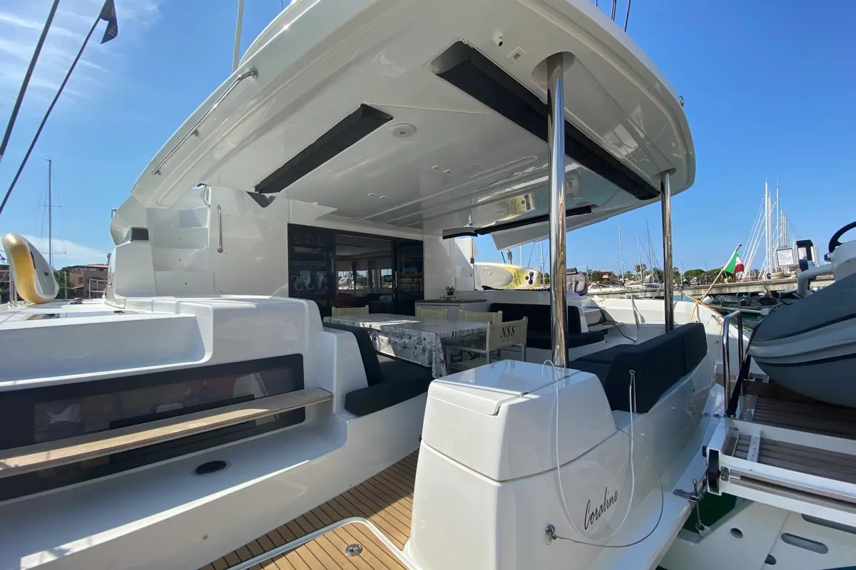 Deck of Coraline, a Lagoon 50 catamaran at Tonnarella, Italy