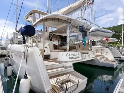 Deck of Casbah III, a Lagoon 42 OW catamaran at Road Town, British Virgin Islands