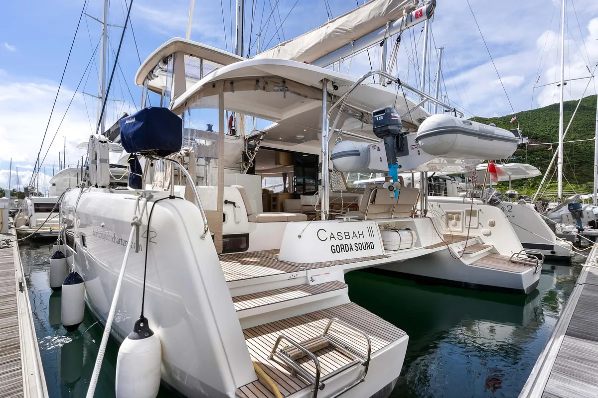 Deck of Casbah III, a Lagoon 42 OW catamaran at Road Town, British Virgin Islands