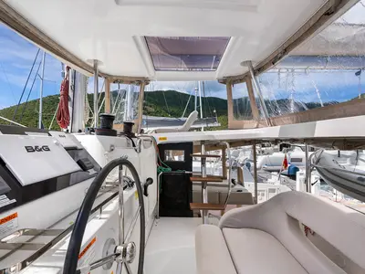 Cockpit of Casbah III, a Lagoon 42 OW catamaran at Road Town, British Virgin Islands