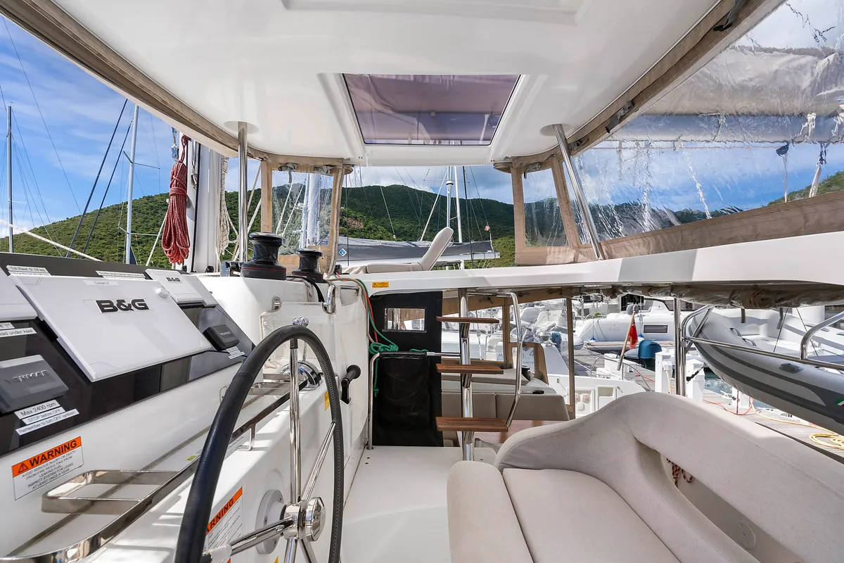 Cockpit of Casbah III, a Lagoon 42 OW catamaran at Road Town, British Virgin Islands