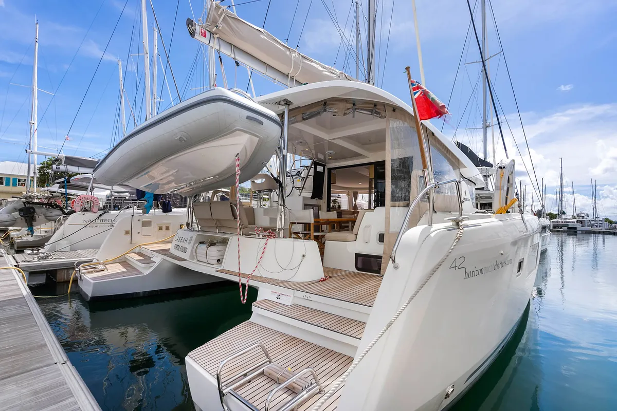 Deck of Casbah III, a Lagoon 42 OW catamaran at Road Town, British Virgin Islands