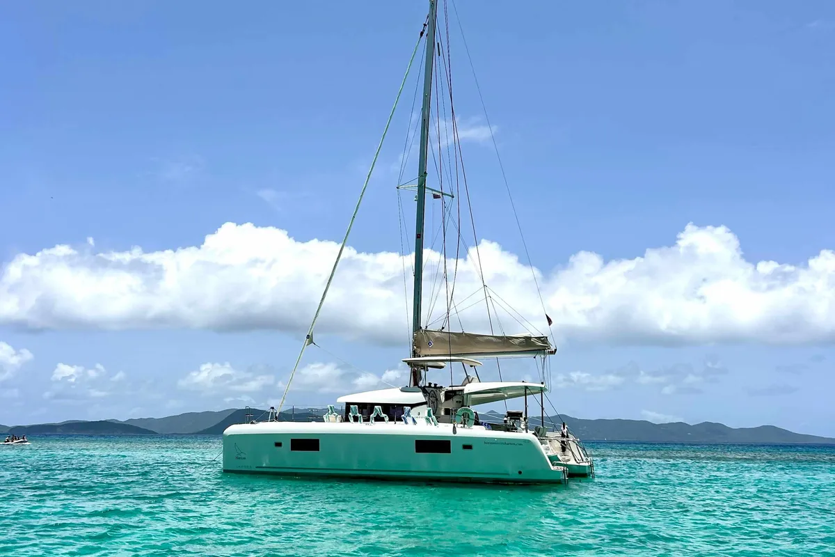 Exterior view of Casbah III, a Lagoon 42 OW catamaran at Road Town, British Virgin Islands