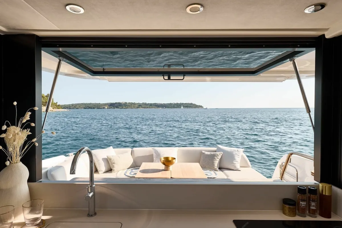 Mr. 77, a Prestige F4.3 motorboat at Seget Donji, Croatia