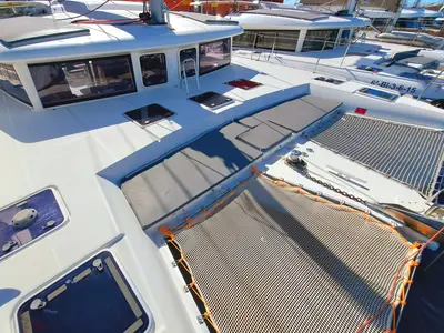 Deck of THE MOB, a Lagoon 421 catamaran at Sant Antoni de Portmany, Spain