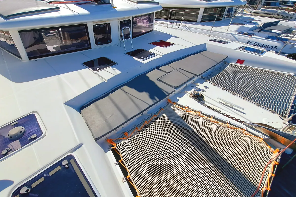 Deck of THE MOB, a Lagoon 421 catamaran at Sant Antoni de Portmany, Spain