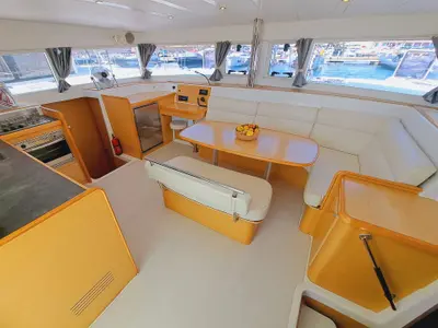 Salon of THE MOB, a Lagoon 421 catamaran at Sant Antoni de Portmany, Spain