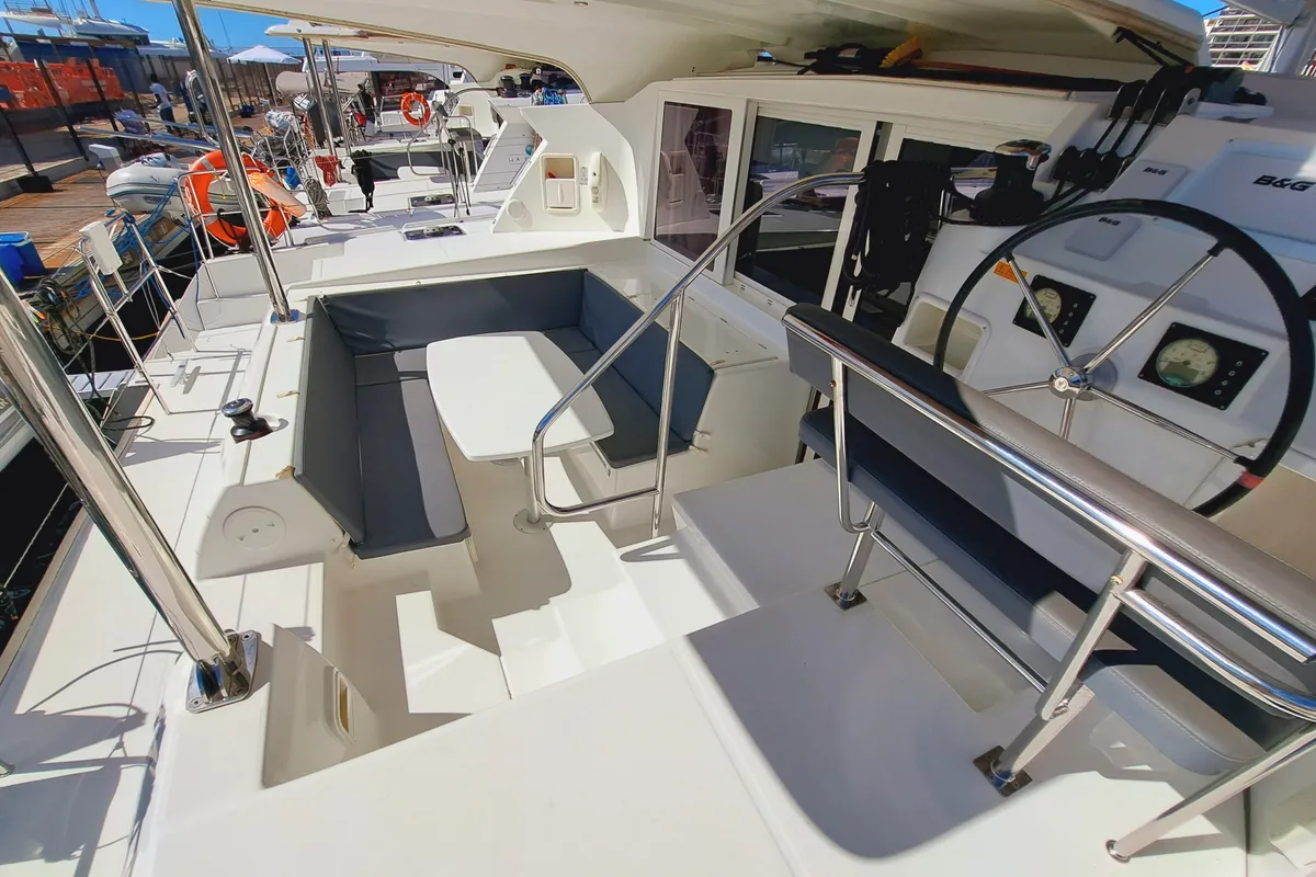 Cockpit of THE MOB, a Lagoon 421 catamaran at Sant Antoni de Portmany, Spain