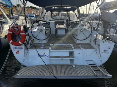 Cockpit of Malika, a Beneteau Oceanis 41.1 sailboat at Cannigione, Italy