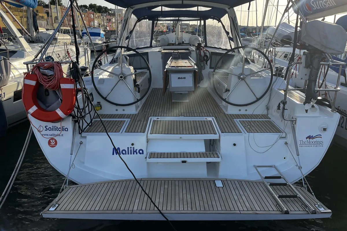 Cockpit of Malika, a Beneteau Oceanis 41.1 sailboat at Cannigione, Italy
