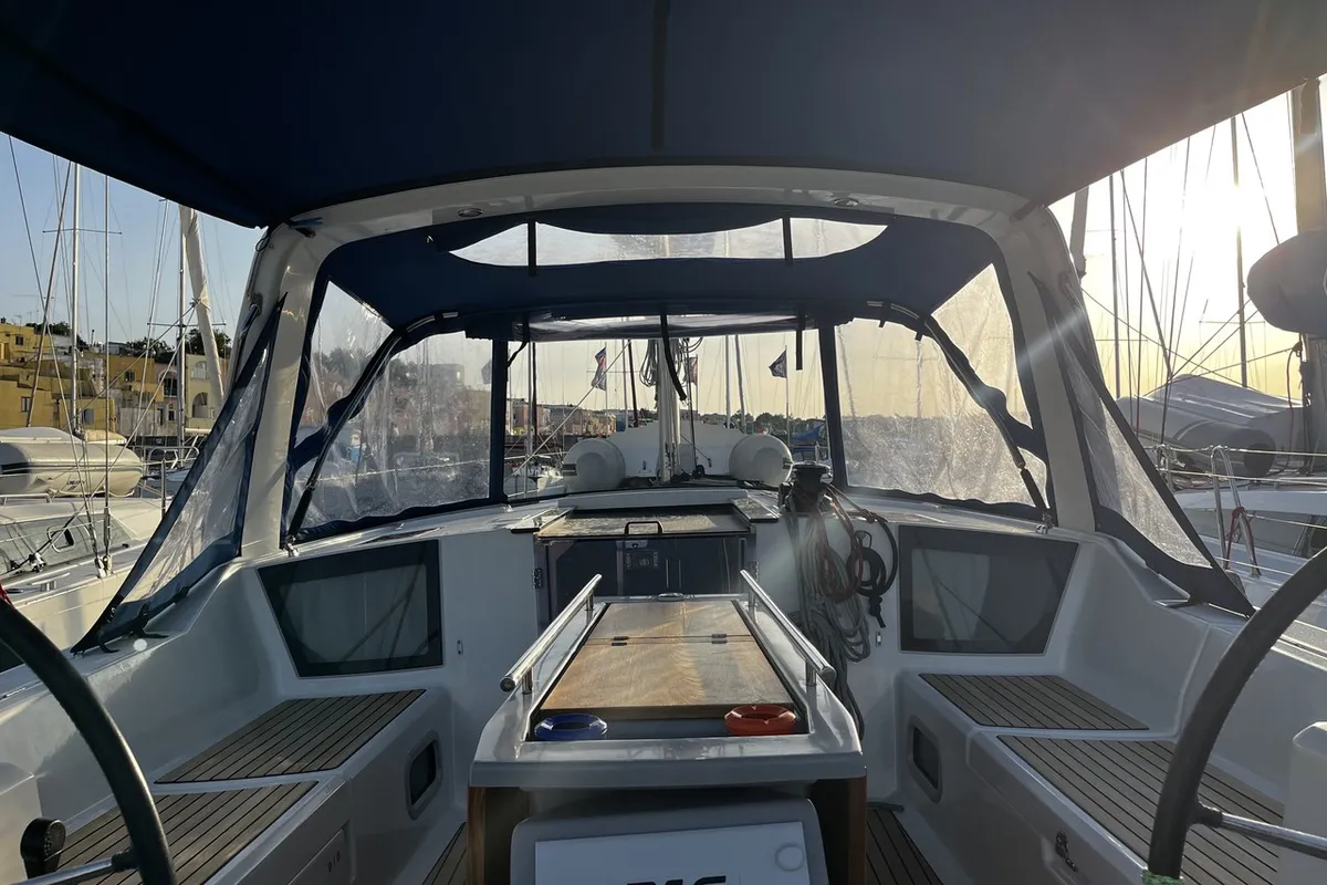 Cockpit of Malika, a Beneteau Oceanis 41.1 sailboat at Cannigione, Italy