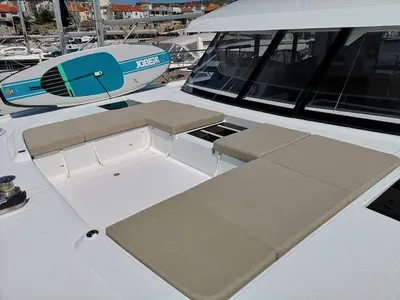Deck of Alpha Centauri, a Fountaine Pajot MY44 catamaran at Grad Šibenik, Croatia