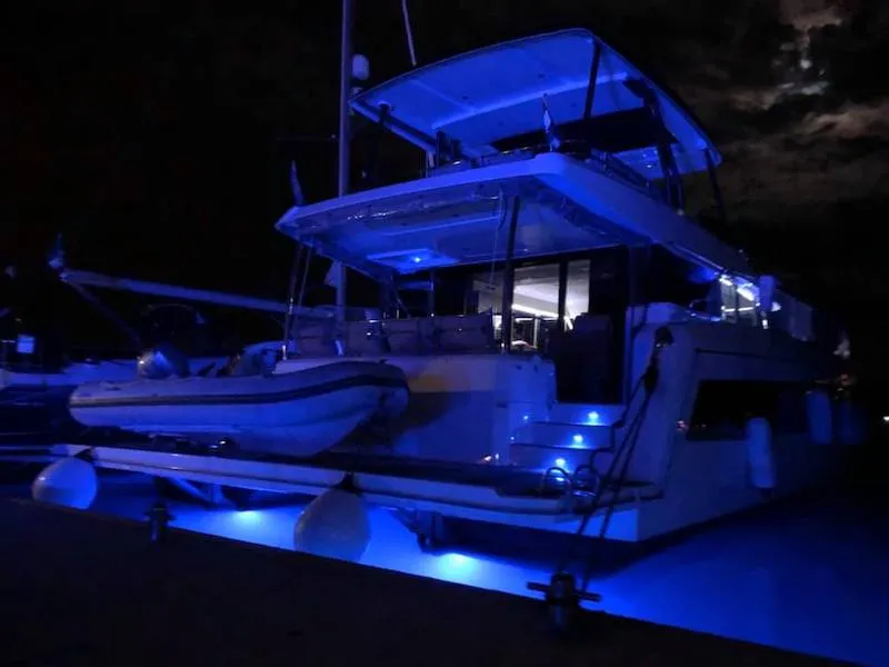 Exterior view of Alpha Centauri, a Fountaine Pajot MY44 catamaran at Grad Šibenik, Croatia