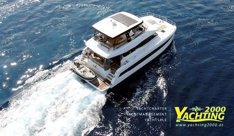 Exterior view of Alpha Centauri, a Fountaine Pajot MY44 catamaran at Grad Šibenik, Croatia