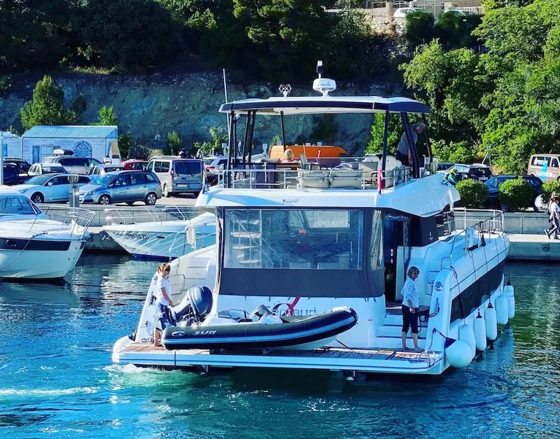 Exterior view of Alpha Centauri, a Fountaine Pajot MY44 catamaran at Grad Šibenik, Croatia