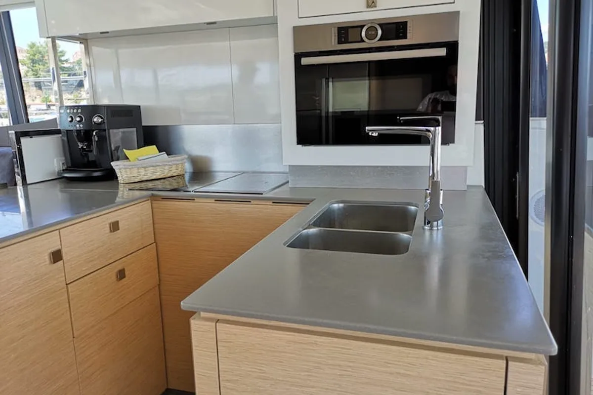 Galley of Alpha Centauri, a Fountaine Pajot MY44 catamaran at Grad Šibenik, Croatia