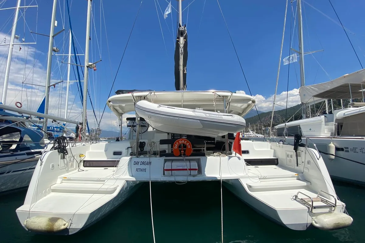 Exterior view of Day Dream, a Lagoon 42 catamaran at Fethiye, Turkey