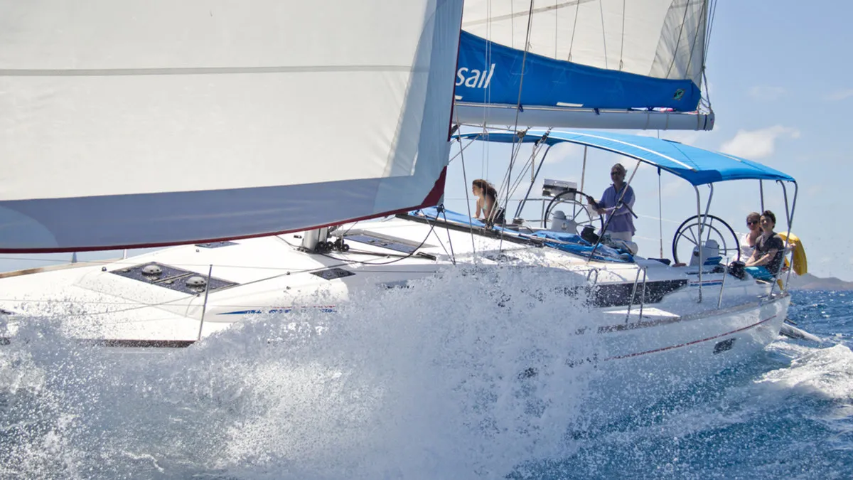 Deck of Sunsail 47 Premium Plus, a Jeanneau Sun Odyssey 469 sailboat at Road Town, British Virgin Islands