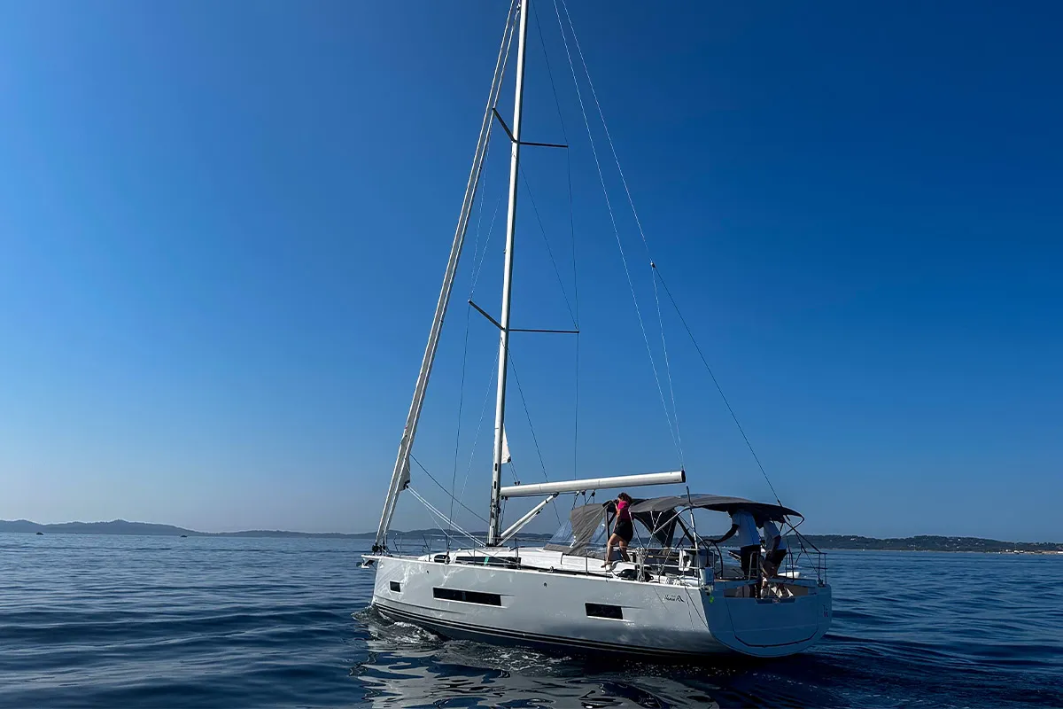 Exterior view of Astan, a Hanse 460 sailboat at Plan-d'Aups-Sainte-Baume, France