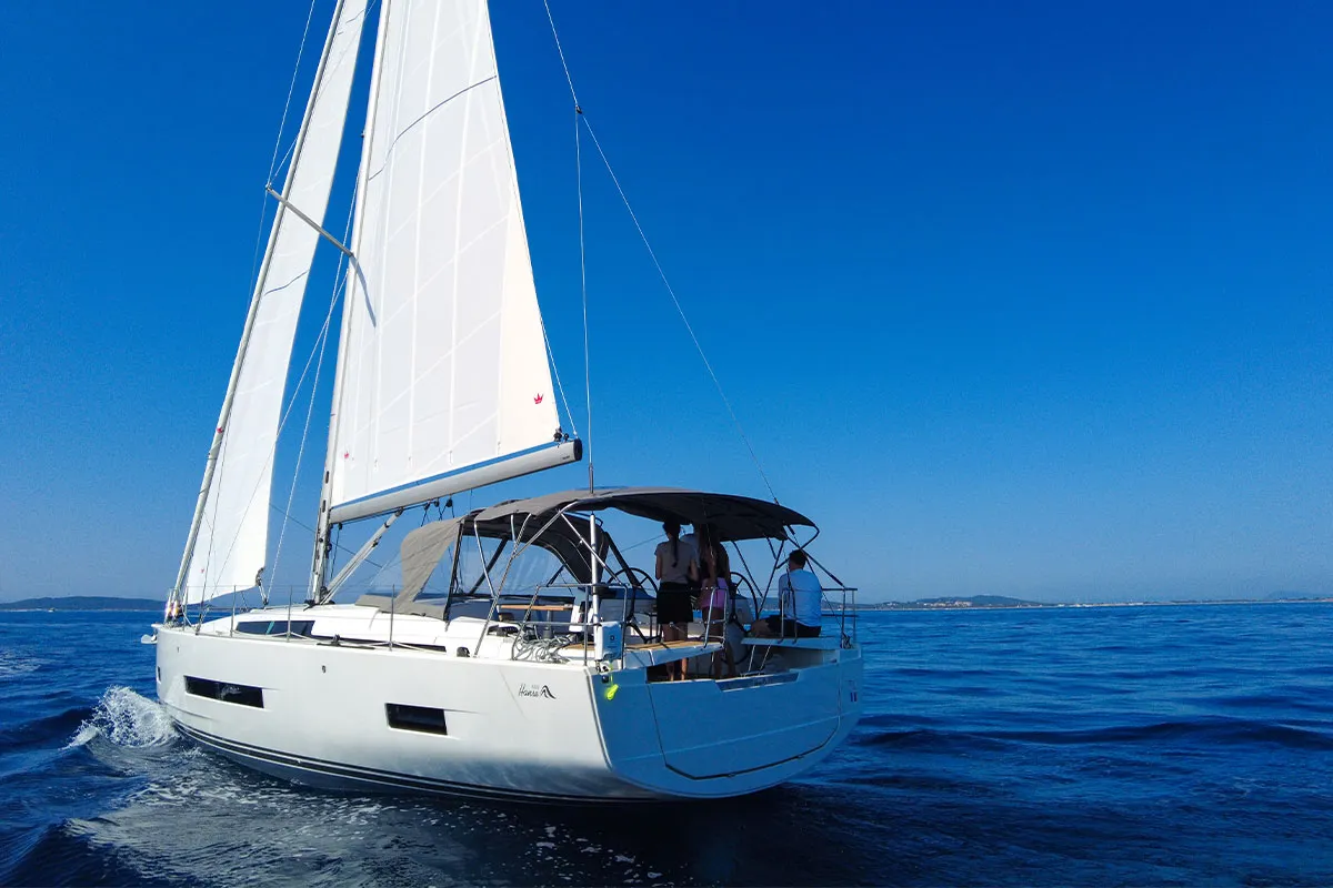 Exterior view of Astan, a Hanse 460 sailboat at Plan-d'Aups-Sainte-Baume, France