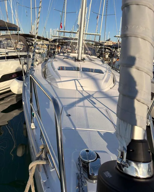 Deck of Mare, a Bavaria Voyager 45 sailboat at Murter, Croatia