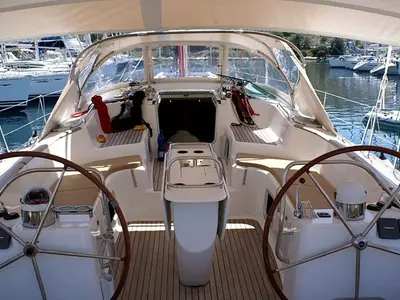 Cockpit of Windward Spirit, a Jeanneau Sun Odyssey 54DS sailboat at Ribishi, Saint Vincent and the Grenadines