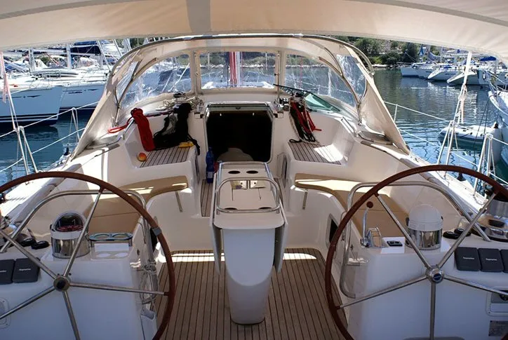 Cockpit of Windward Spirit, a Jeanneau Sun Odyssey 54DS sailboat at Ribishi, Saint Vincent and the Grenadines