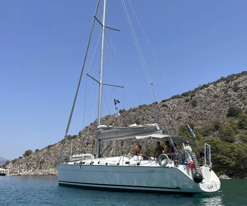 Exterior view of Too Lucky, a Beneteau Cyclades 43.4 sailboat at Sithonia Municipal Unit, Greece