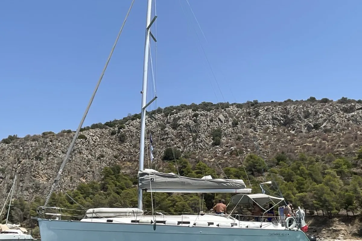 Exterior view of Too Lucky, a Beneteau Cyclades 43.4 sailboat at Sithonia Municipal Unit, Greece