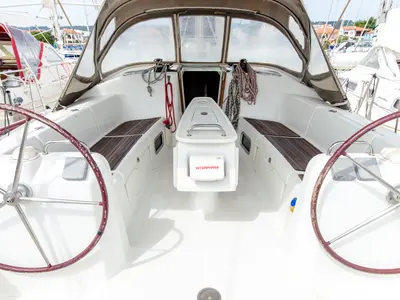 Cockpit of Too Lucky, a Beneteau Cyclades 43.4 sailboat at Sithonia Municipal Unit, Greece