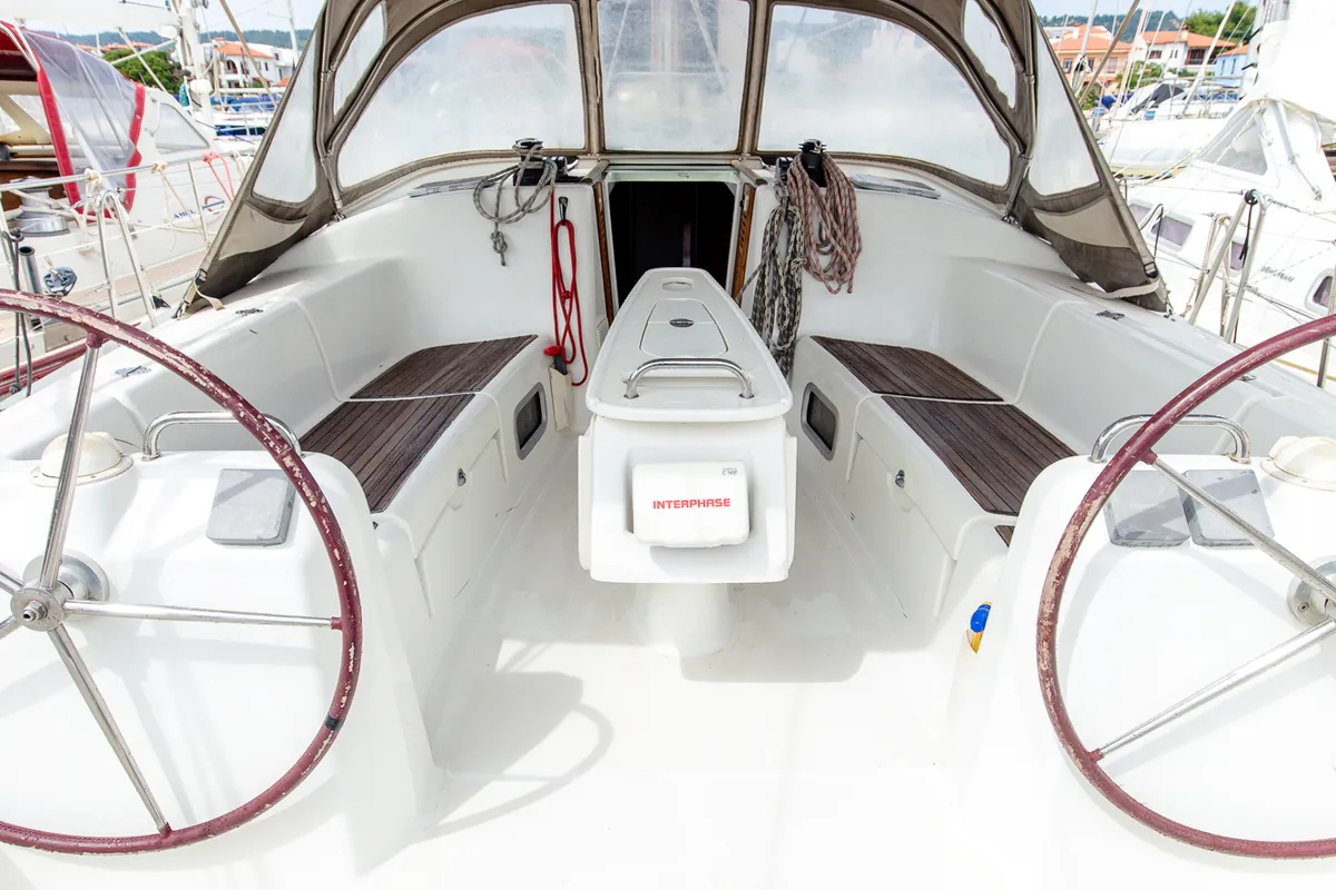 Cockpit of Too Lucky, a Beneteau Cyclades 43.4 sailboat at Sithonia Municipal Unit, Greece