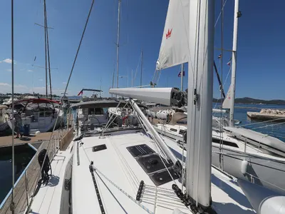 Deck of Jameson II, a Bavaria Cruiser 46 sailboat at Zadar, Croatia