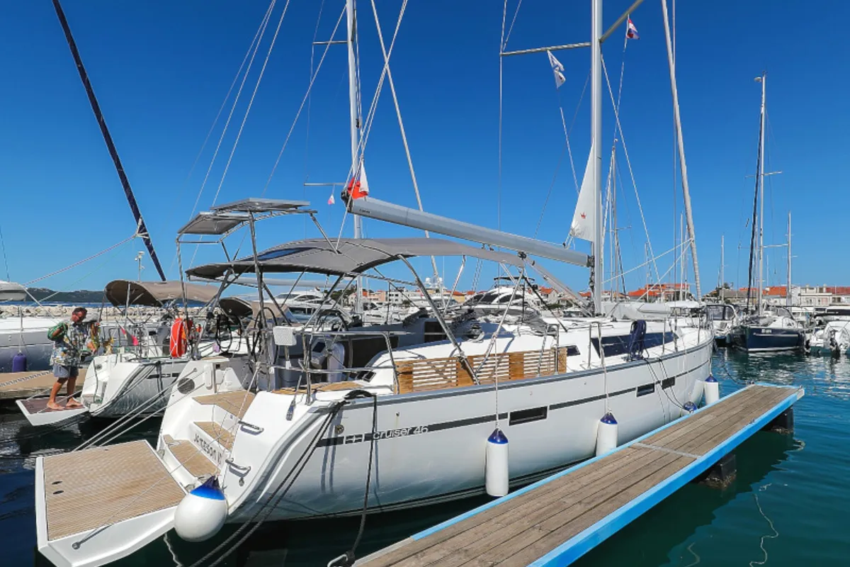 Exterior view of Jameson II, a Bavaria Cruiser 46 sailboat at Zadar, Croatia