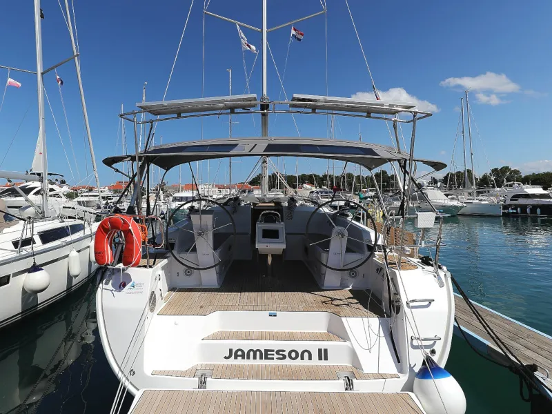 Exterior view of Jameson II, a Bavaria Cruiser 46 sailboat at Zadar, Croatia