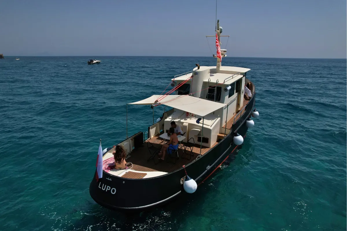 Exterior view of Lupo, a Gulet Motorboat motorboat at Figari/Golfo Aranci, Italy