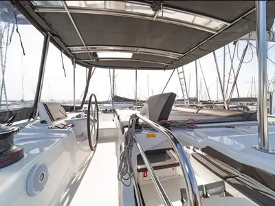 Cockpit of AF-LAG46, a Lagoon 46 catamaran at Athens, Greece