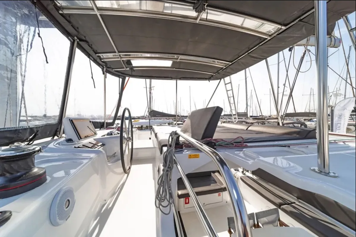 Cockpit of AF-LAG46, a Lagoon 46 catamaran at Athens, Greece