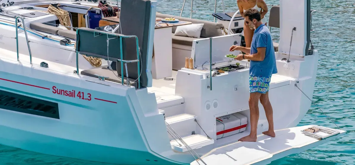 Deck of Sunsail 41.3 Premium Plus, a Dufour 41 sailboat at Općina Marina, Croatia