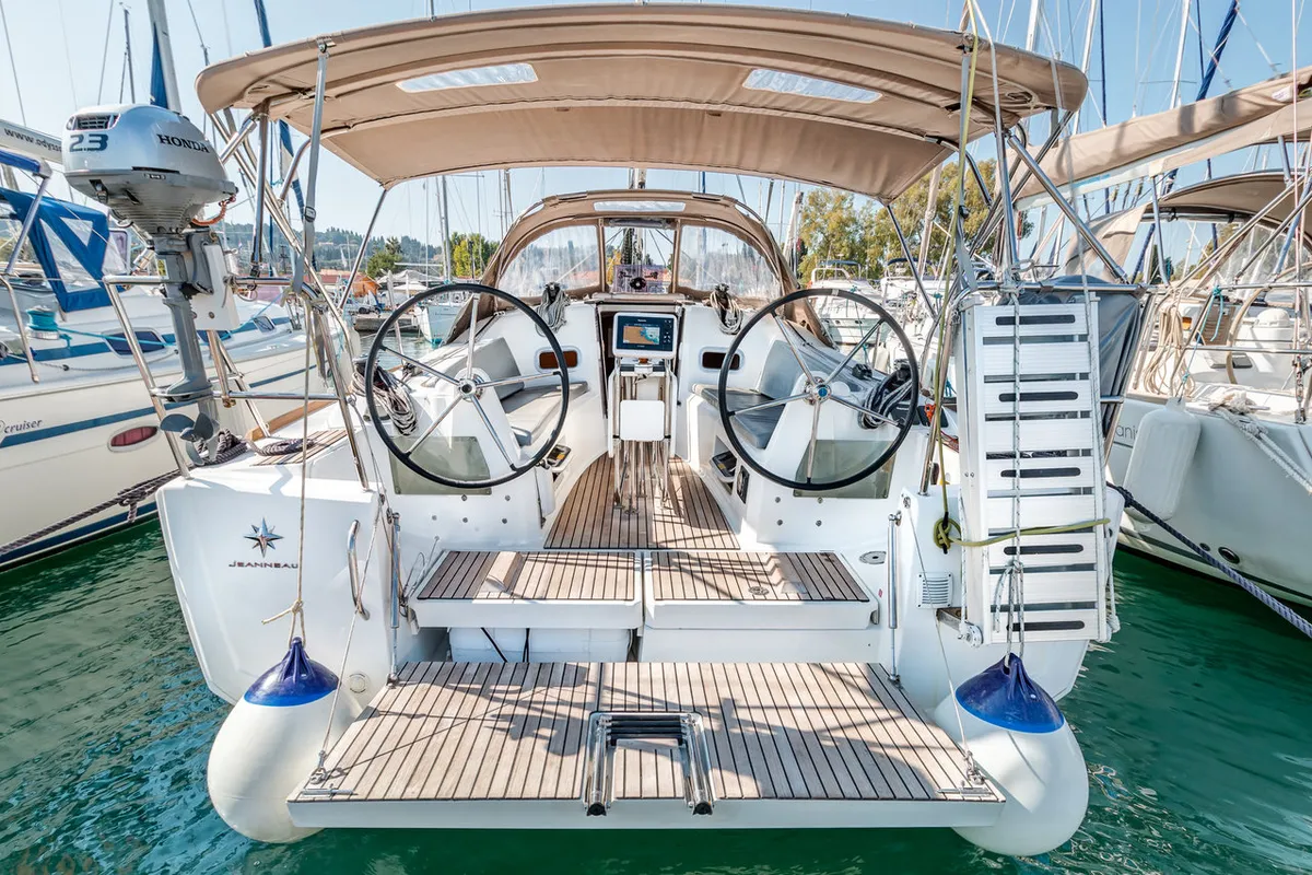 Cockpit of Pelias, a Jeanneau Sun Odyssey 349 sailboat at Municipal Unit of Palairos, Greece