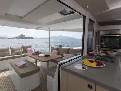 Deck of Rossa, a Fountaine Pajot Astrea 42 catamaran at Palermo, Italy