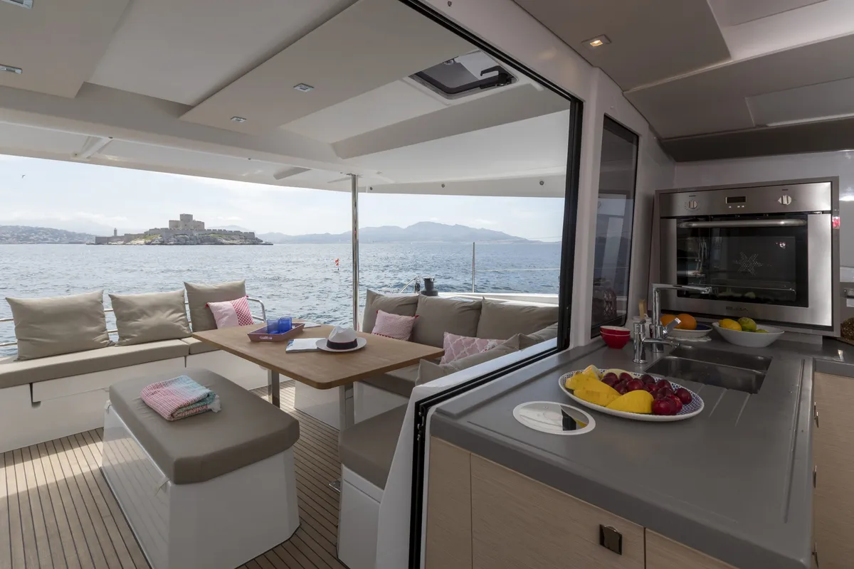 Deck of Rossa, a Fountaine Pajot Astrea 42 catamaran at Palermo, Italy