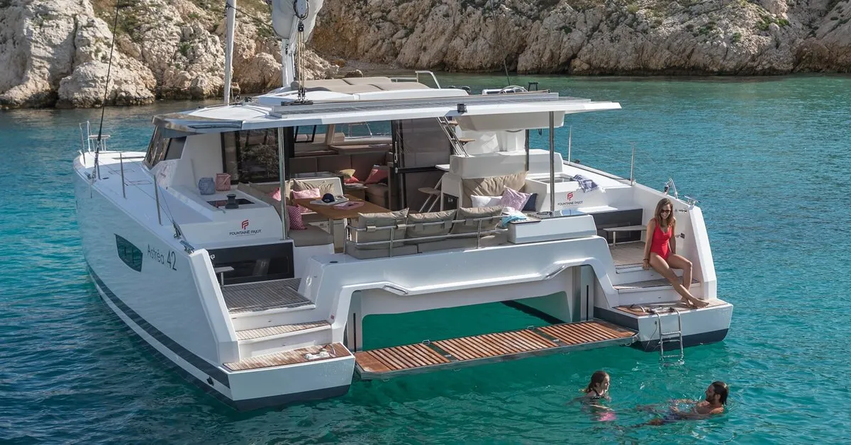 Exterior view of Rossa, a Fountaine Pajot Astrea 42 catamaran at Palermo, Italy